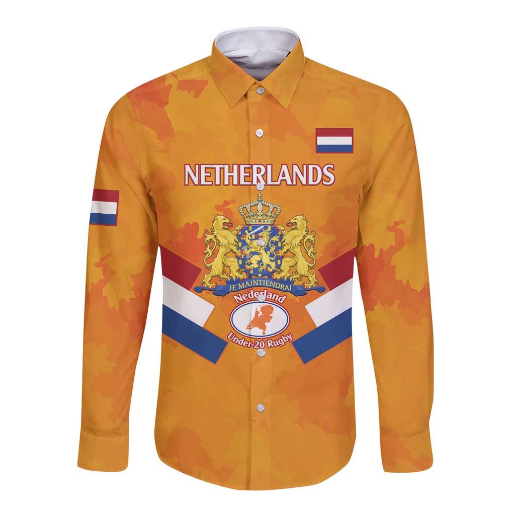 Orange Netherlands rugby button-down shirt with long sleeves, front crest and flag patch