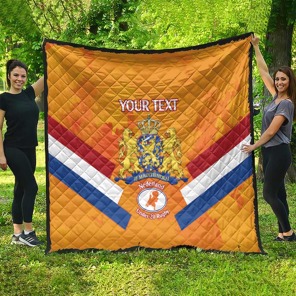 Orange Netherlands rugby quilt with white and red diagonal stripes and central crest