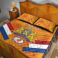 Orange quilt bed set with crest, 'YOUR TEXT' and Under-20 Rugby emblem, two pillows