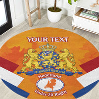 Orange round rug with Netherlands crest, 'YOUR TEXT', and 'Under-20 Rugby' badge