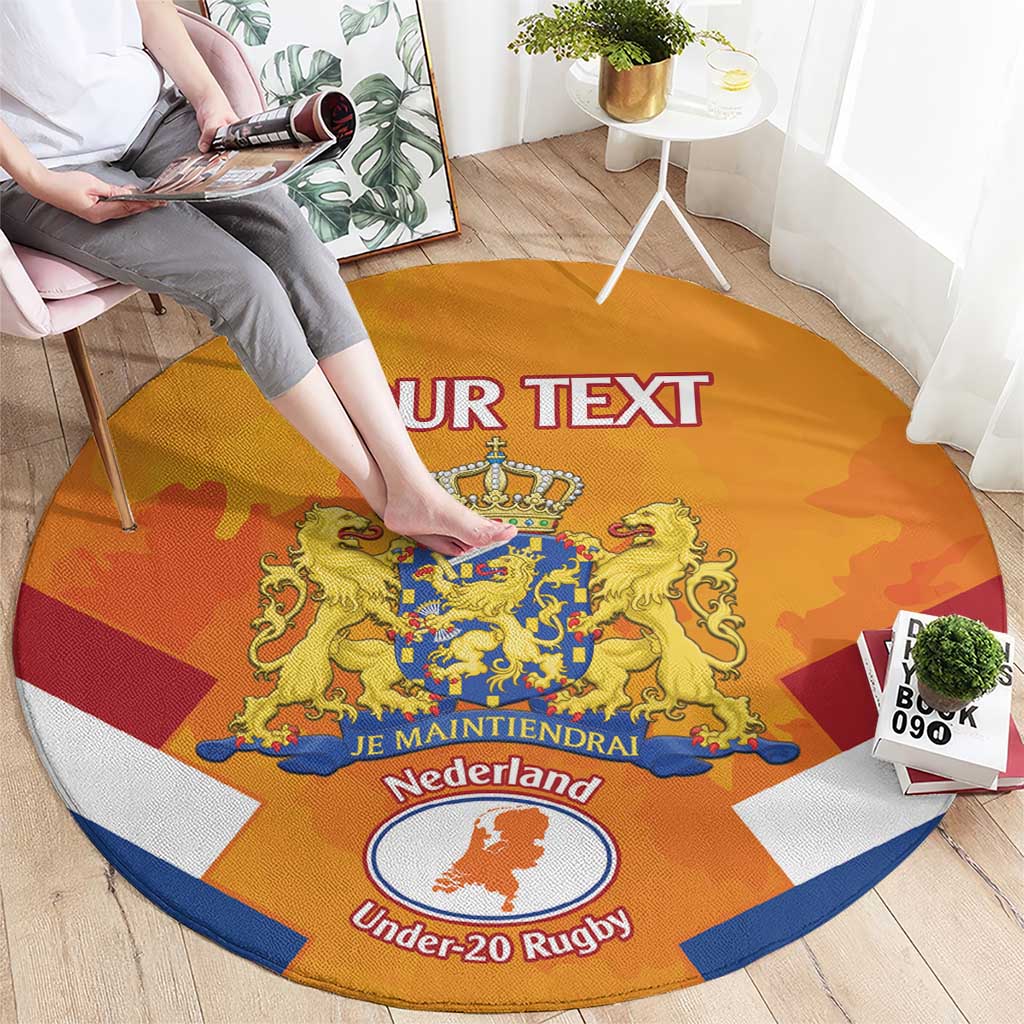 Orange round rug with Netherlands crest, 'YOUR TEXT', and 'Under-20 Rugby' near border stripe