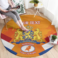 Orange round rug with Netherlands crest, 'YOUR TEXT', and 'Under-20 Rugby' near border stripe