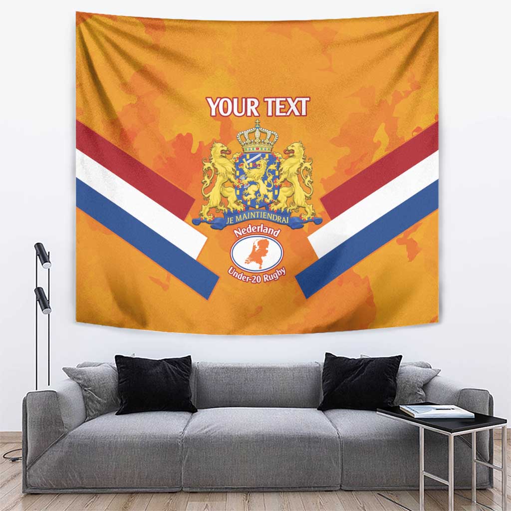 Orange rugby tapestry with Dutch crest and red-white-blue V stripes, 'YOUR TEXT'.