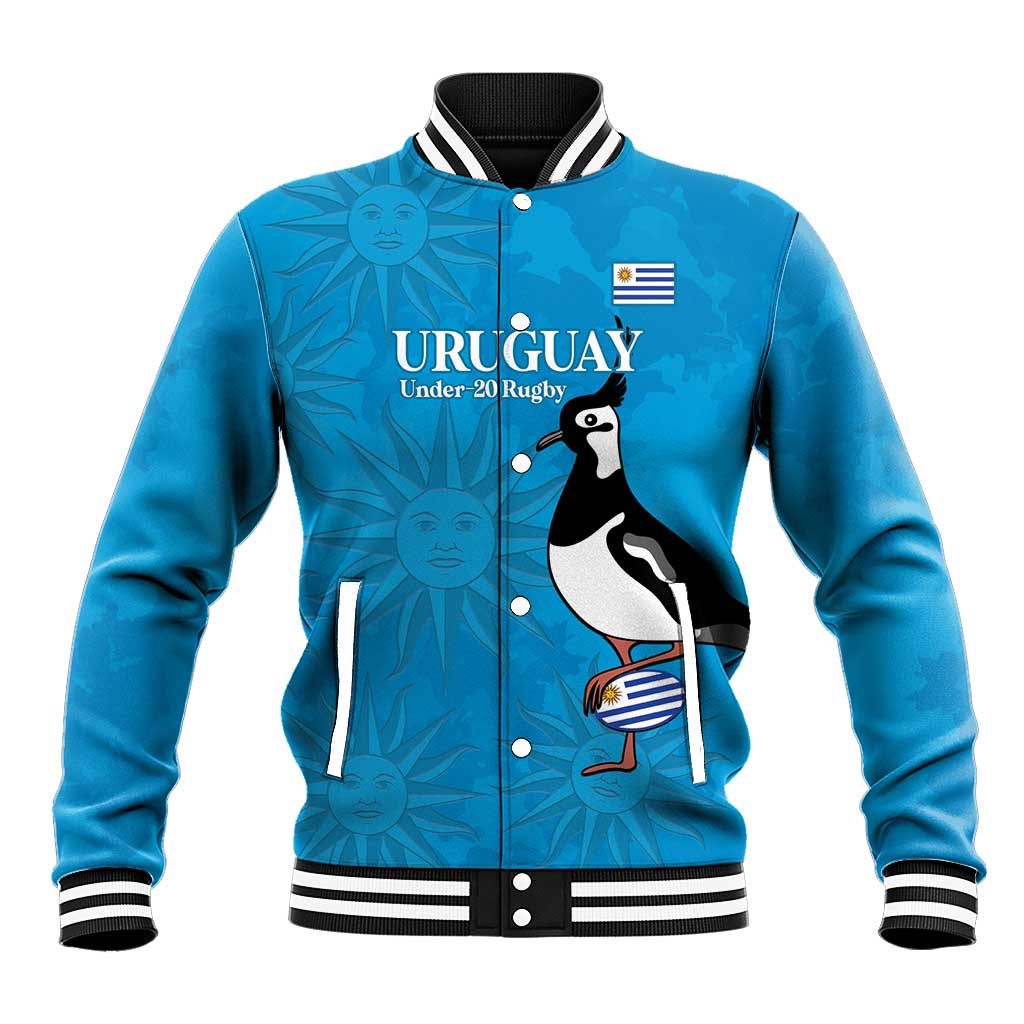 Blue baseball varsity jacket with striped rib collar, front buttons, penguin emblem