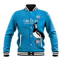 Blue baseball varsity jacket with striped rib collar, front buttons, penguin emblem