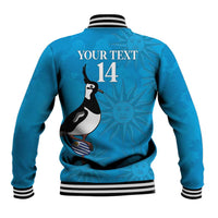 Blue baseball jacket back with penguin graphic, YOUR TEXT 14, striped rib hem