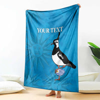 Blue custom rugby blanket with penguin and 'YOUR TEXT' print