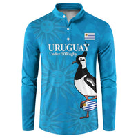 Blue rugby button sweatshirt with Uruguay crest and penguin holding striped ball graphic