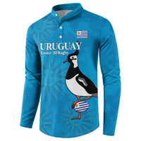 Blue rugby button sweatshirt with Uruguay crest and penguin graphic on front