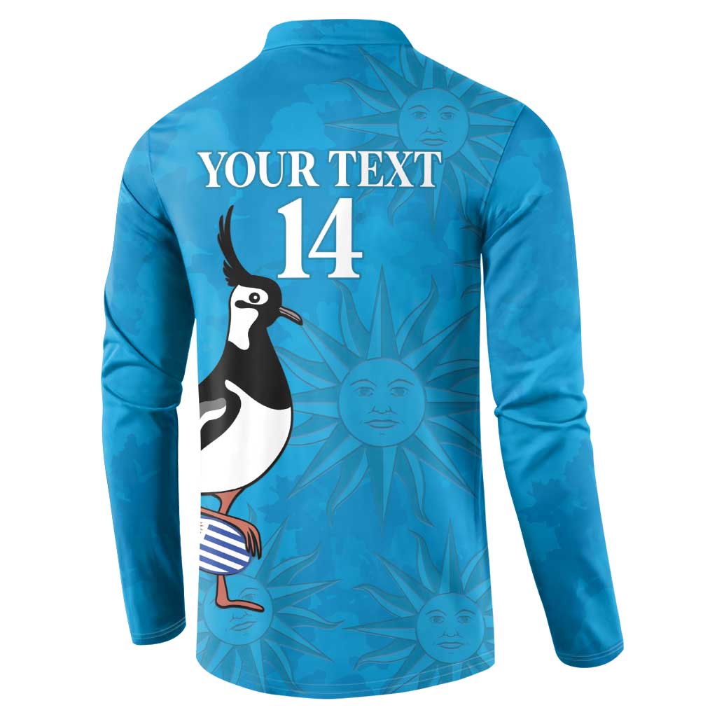 Blue rugby button sweatshirt back with YOUR TEXT 14 and penguin graphic