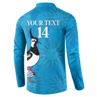 Blue rugby button sweatshirt back with YOUR TEXT 14 and penguin graphic