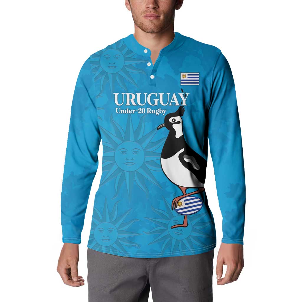 Blue rugby button sweatshirt with Uruguay crest, bird and flag emblem, long sleeves