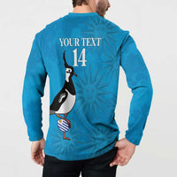 Blue rugby button sweatshirt back with YOUR TEXT 14, penguin and striped flag