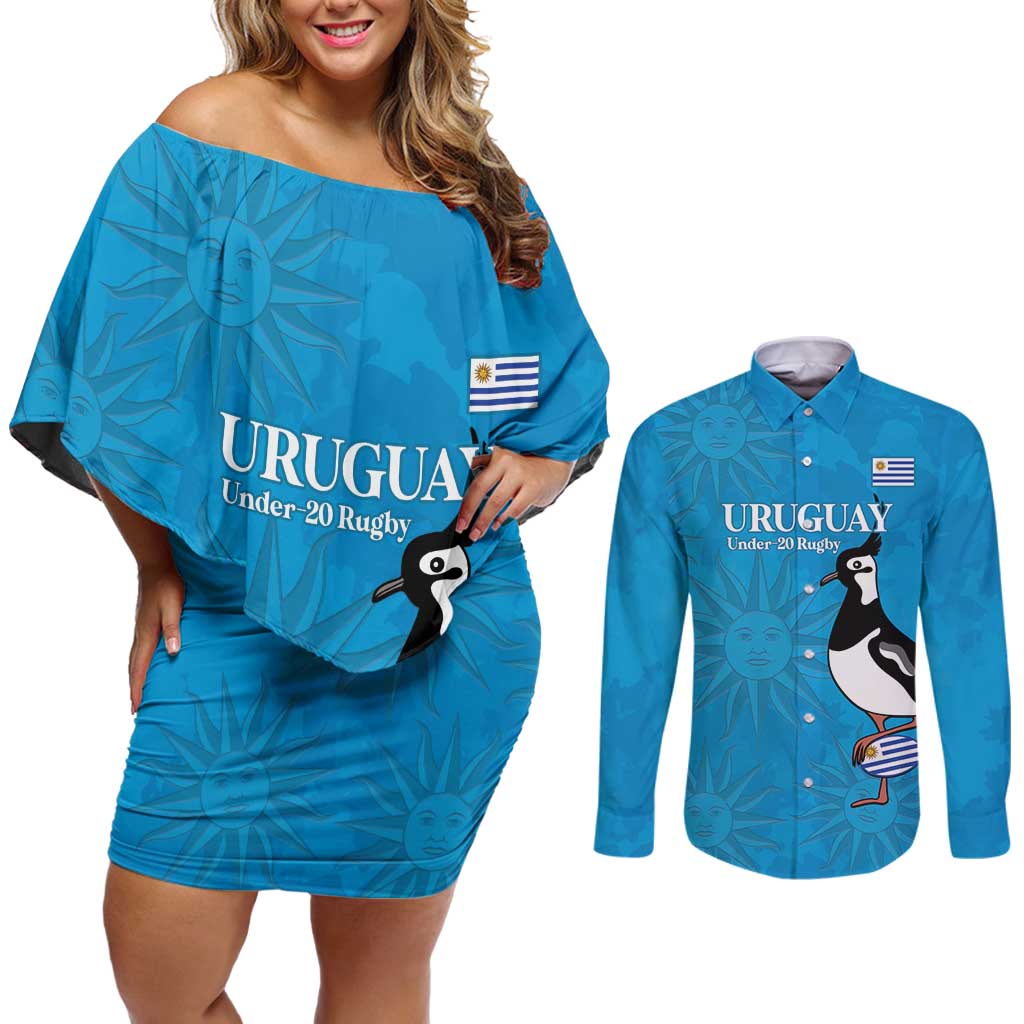 Custom Uruguay Rugby Couples Matching Off Shoulder Short Dress and Long Sleeve Button Shirt 2024 Go Champions Southern Lapwing - Wonder Print Shop