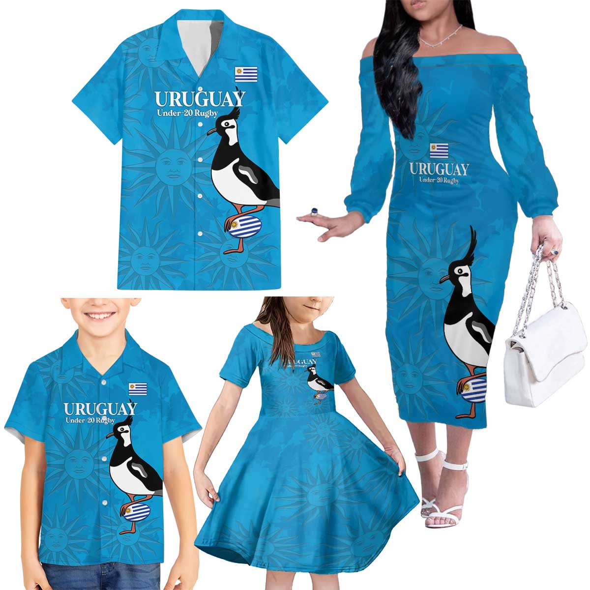 Custom Uruguay Rugby Family Matching Off The Shoulder Long Sleeve Dress and Hawaiian Shirt 2024 Go Champions Southern Lapwing - Wonder Print Shop