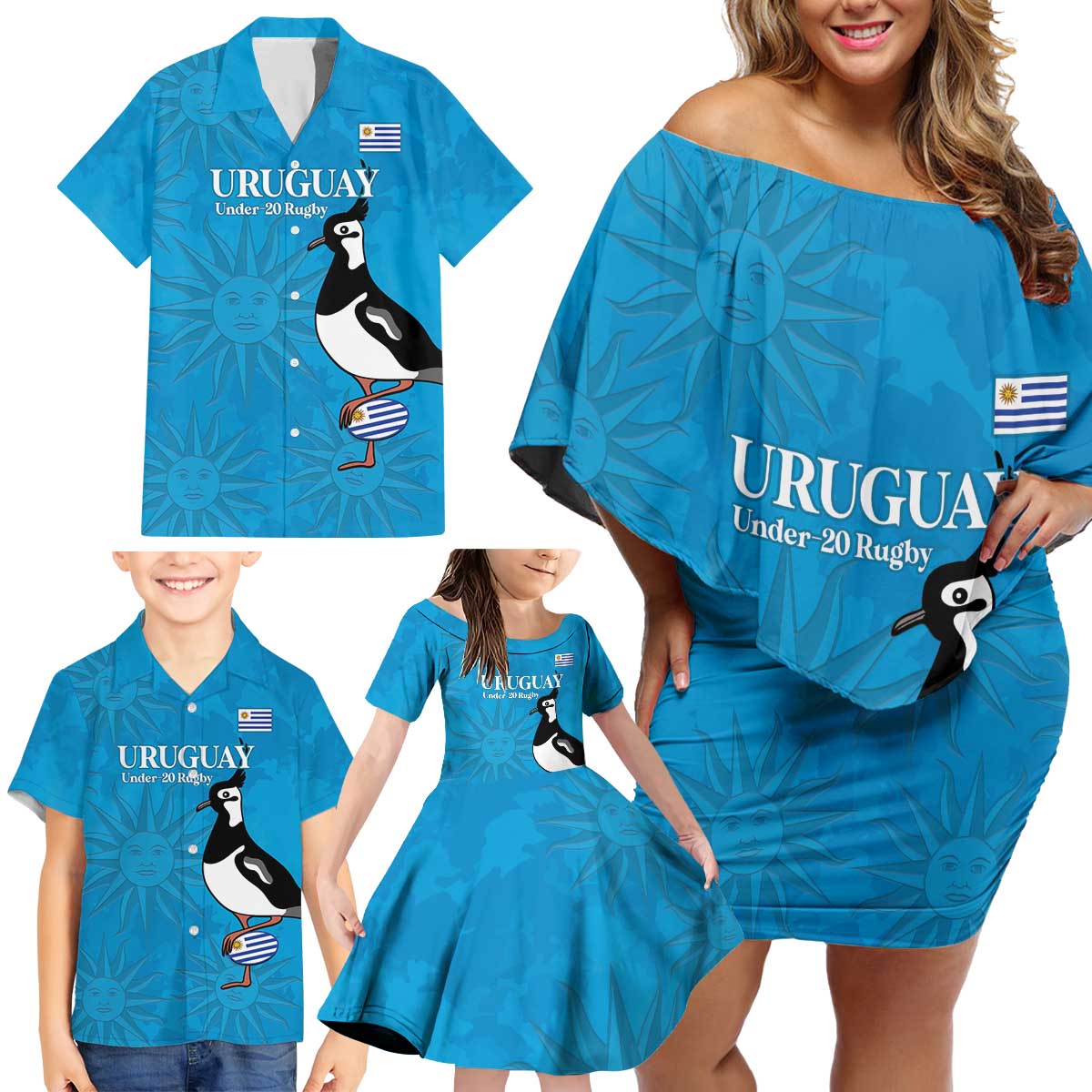 Custom Uruguay Rugby Family Matching Off Shoulder Short Dress and Hawaiian Shirt 2024 Go Champions Southern Lapwing - Wonder Print Shop