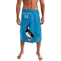 Blue shorts with penguin graphic and number 14, front view