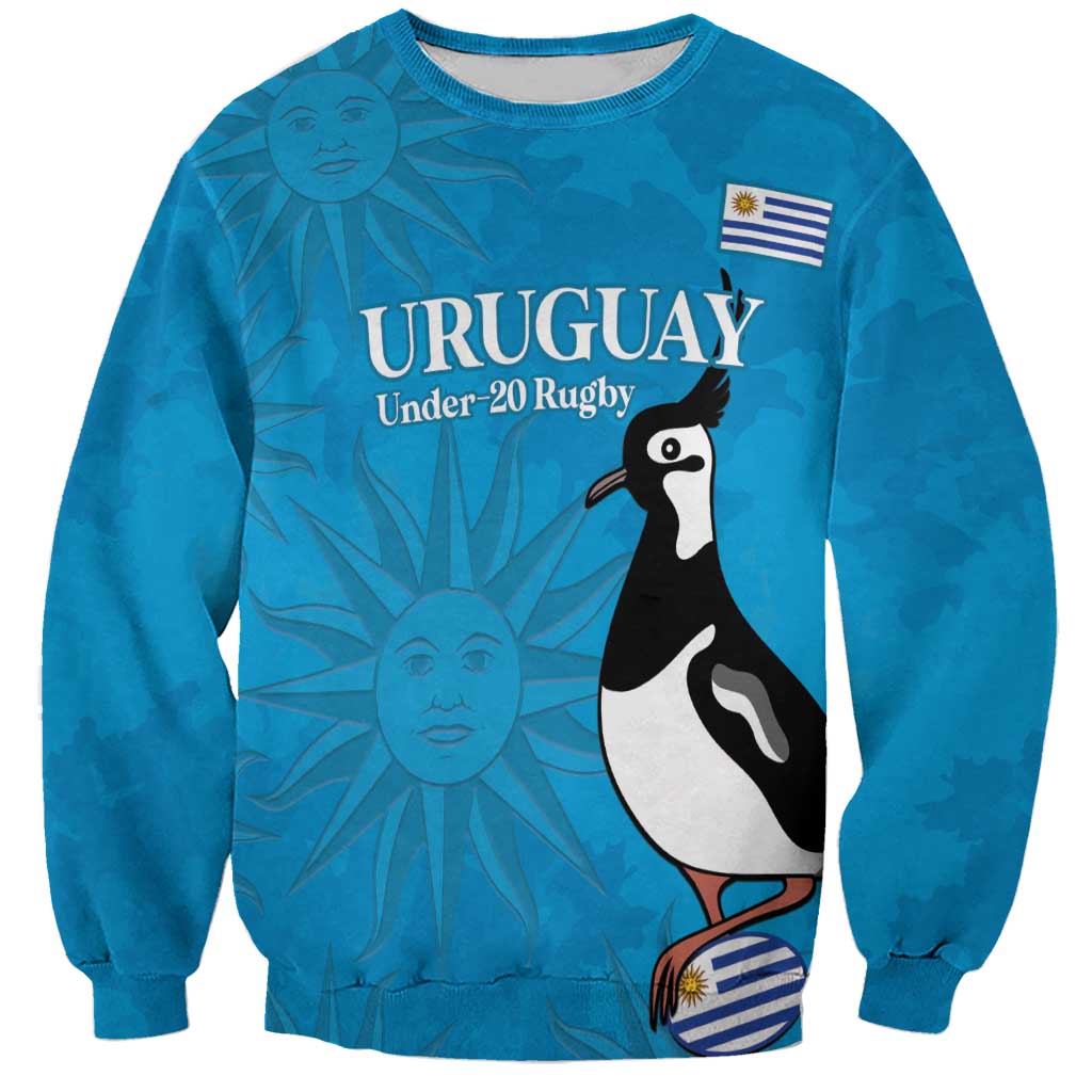 Blue crewneck rugby sweatshirt with Uruguay text and penguin graphic on front