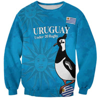 Blue crewneck rugby sweatshirt with Uruguay text and penguin graphic on front