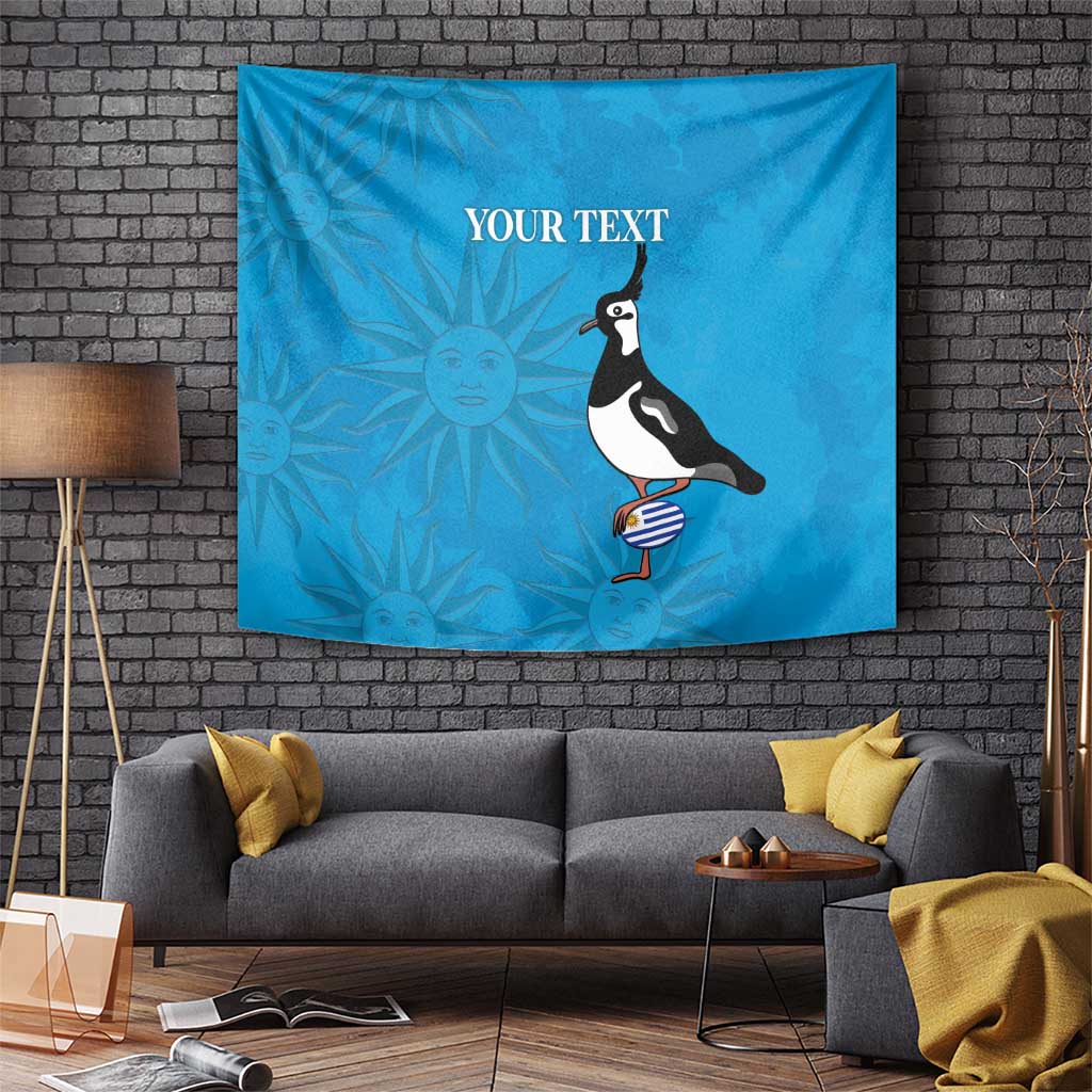 Blue wall tapestry with penguin holding striped ball and sunburst artwork