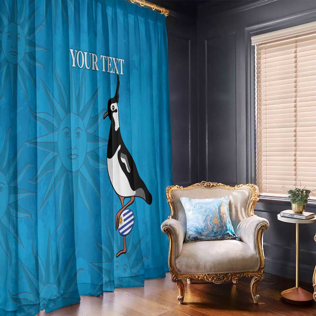 Blue window curtain with large bird illustration and 'YOUR TEXT' lettering