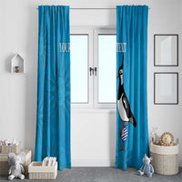 Blue window curtain panels with bird motif and centered 'YOUR TEXT' print