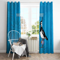 Blue window curtain pair with bird graphic and 'YOUR TEXT' lettering
