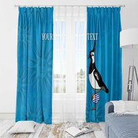 Blue window curtain with bird design and 'YOUR TEXT' text on panels
