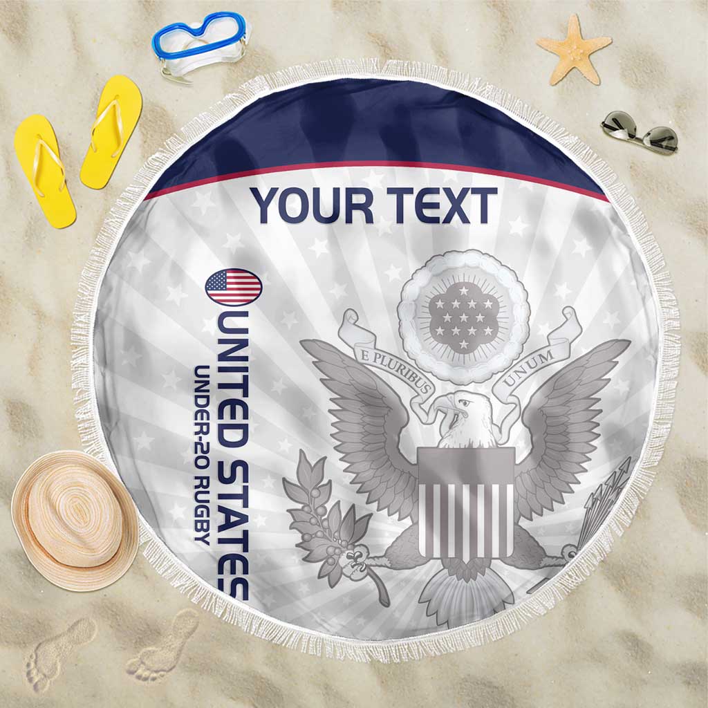150cm round beach blanket, white with navy border and fringed edge