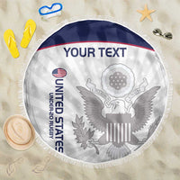 150cm round beach blanket, white with navy border and fringed edge