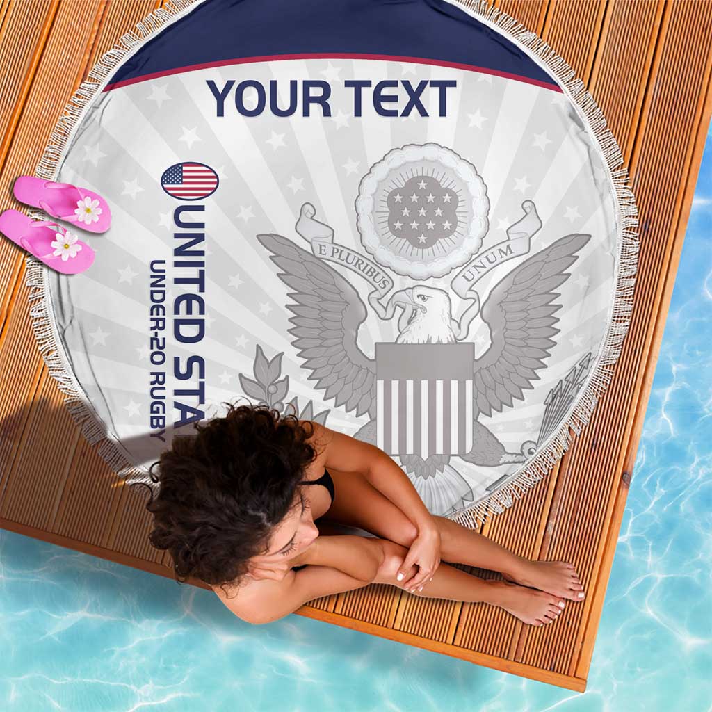 150cm round beach blanket, white center with eagle emblem and navy top stripe