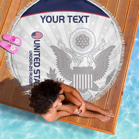 150cm round beach blanket, white center with eagle emblem and navy top stripe