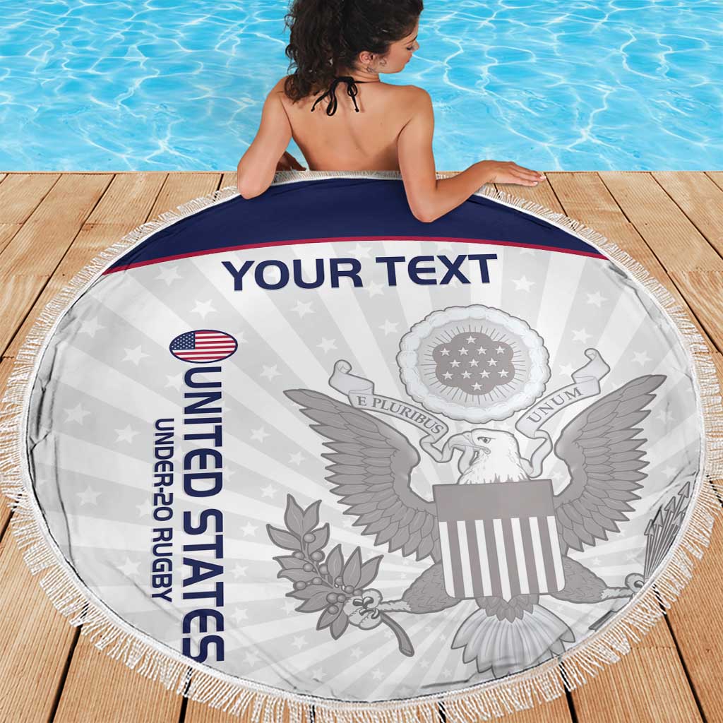 150cm round beach blanket, white with navy border and eagle graphic