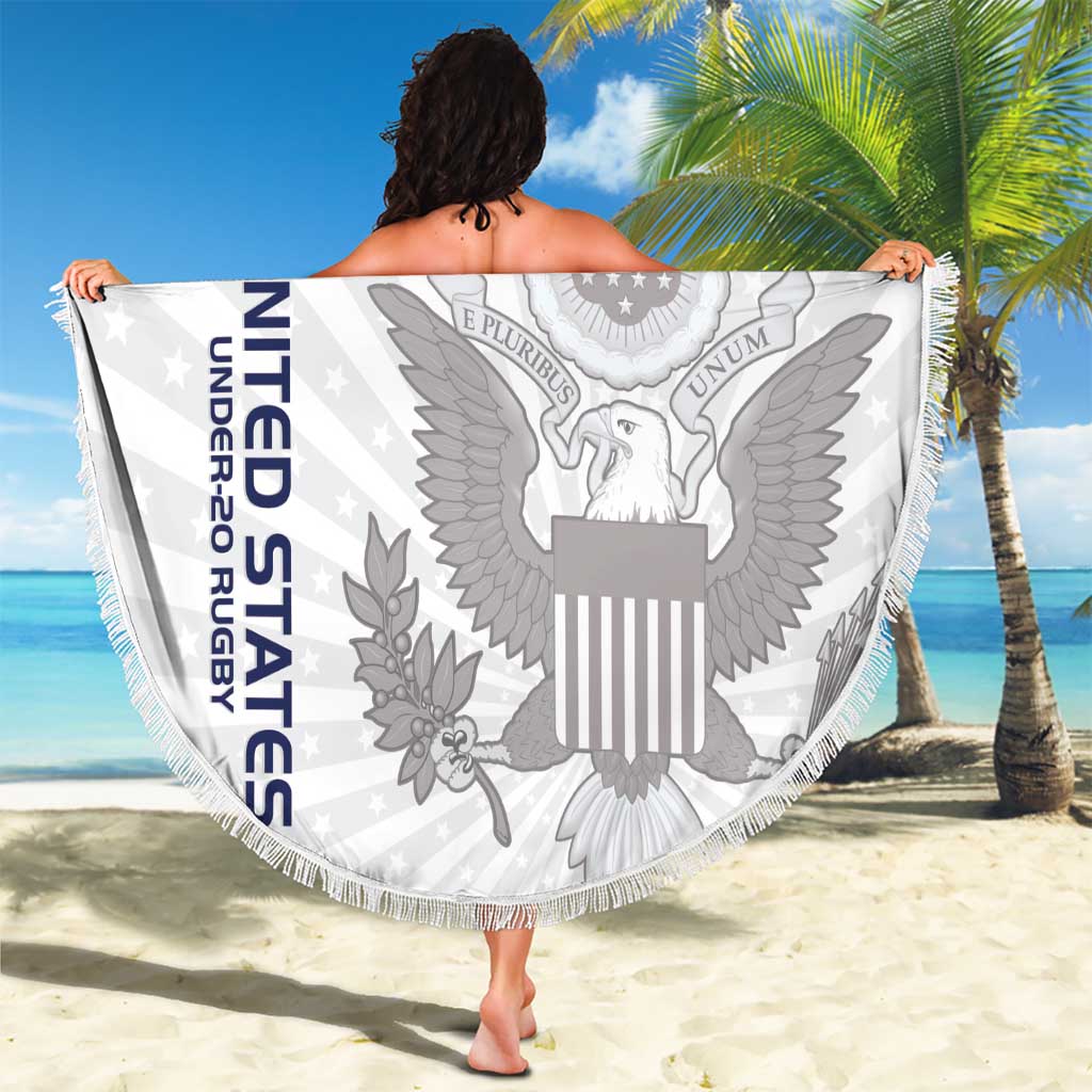 150cm round beach blanket, white with eagle emblem and navy trim, tassel fringe