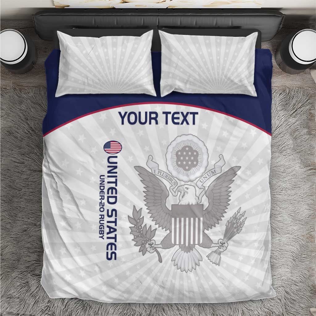 United States eagle bedding set, white duvet with navy stripe and central eagle emblem