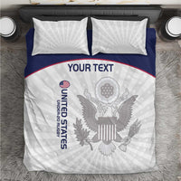 United States eagle bedding set, white duvet with navy stripe and central eagle emblem