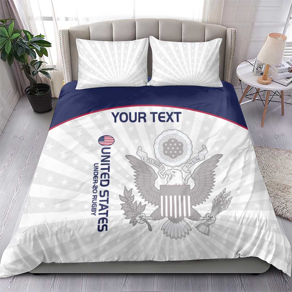United States eagle bedding set with navy accent stripe, two shams, and large 'YOUR TEXT' panel
