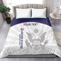 United States eagle bedding set with navy accent stripe, two shams, and large 'YOUR TEXT' panel