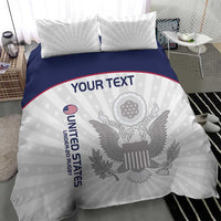 United States eagle bedding set with navy stripe, 'YOUR TEXT' panel, and pillow shams