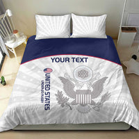 United States eagle bedding set on bed with two white pillow shams and 'YOUR TEXT' header