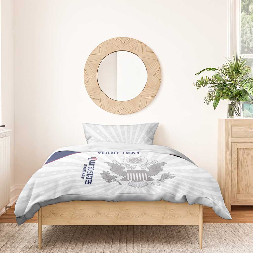 United States eagle bedding set with two pillow shams, white duvet, and 'YOUR TEXT' panel