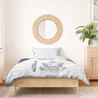 United States eagle bedding set with two pillow shams, white duvet, and 'YOUR TEXT' panel