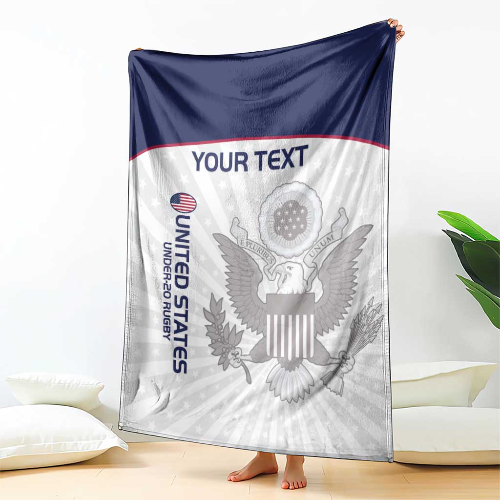 United States rugby blanket with eagle graphic, blue border, and 'YOUR TEXT'.