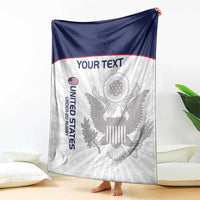 United States rugby blanket with eagle graphic, blue border, and 'YOUR TEXT'.