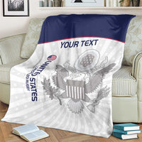 United States rugby blanket on a couch with eagle design, stars, and 'YOUR TEXT'.