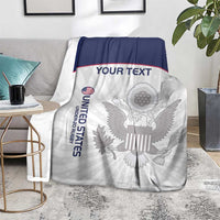 United States rugby blanket on a couch with blue band, eagle badge, and 'YOUR TEXT'.