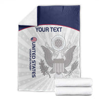 Folded United States rugby blanket set with eagle emblem, blue top, and 'YOUR TEXT'.