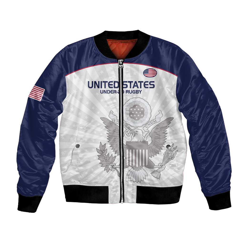 Navy satin bomber jacket with white front panel, full zipper, ribbed cuffs and hem