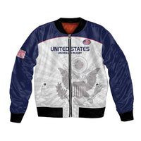 Navy satin bomber jacket with white front panel, full zipper, ribbed cuffs and hem