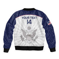 Navy satin bomber jacket back with white graphic, black ribbed collar, cuffs, hem